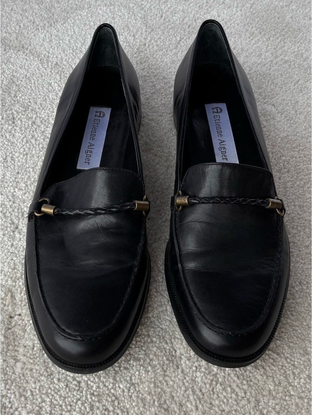 Vtg Etienne Aigner Black Leather Slip-On Loafers with Braided Bit